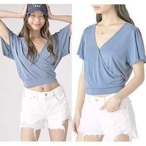 ANTHROPOLOGIE Y2K Pastel Blue Flutter Short‎ Sleeves Draped Ballet Wrap Top XS